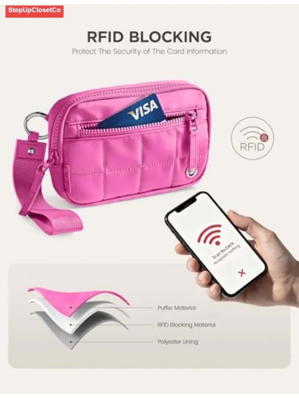 Quilted Wristlet Wallet RFID Blocking with Zipper and Phone Pocket